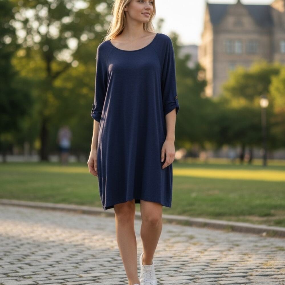 Lily Pulitzer Navy Sheath Dress Sz M 3/4 Sleeves With Button Closure Boat Neck